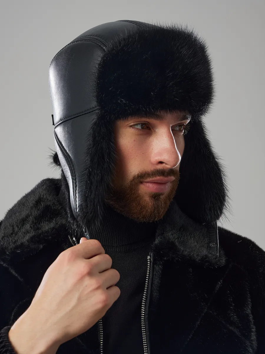 Шапка ушанка кожаная с мехом