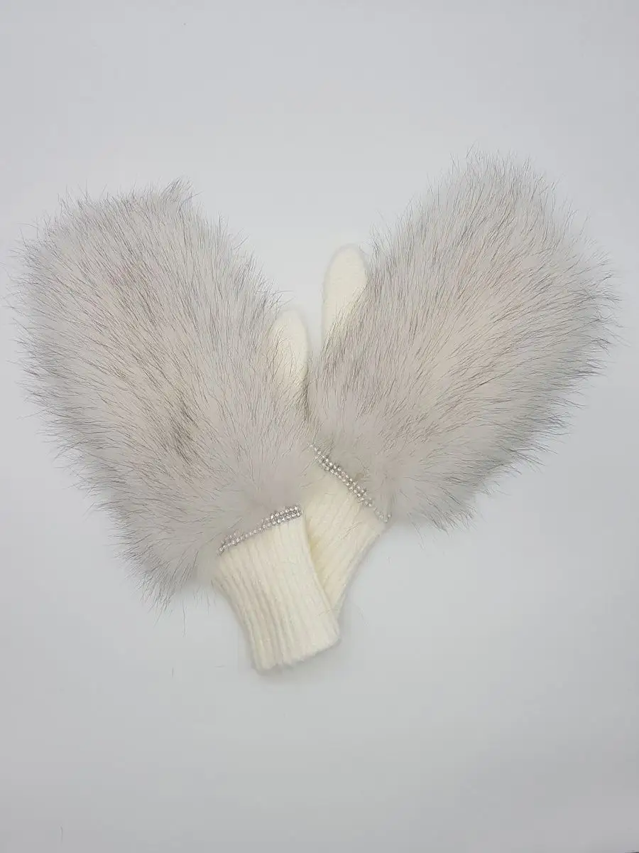 Варежки вязаные пушистые с мехом песца